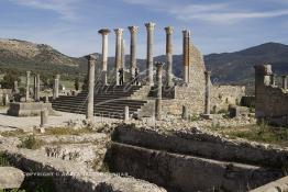 Image du Maroc Professionnelle de  Le piliers du Capitole en ruine, ancien temple de Jupiter dans la ville romaine en ruine de Volubilis l'un des sites les mieux préservés au Maroc et le plus visité. Il se situe à proximité de Moulay Idriss Zerhoun à une trentaine de km au nord-ouest de Meknès, photo prise le jeudi 8 Mars 2012. Volubilis ville antique berbère Walili (Lauriers rose) qui date du 3e siècle avant J.-C. capitale du royaume de Maurétanie fondé comme seconde capital sous le règne de Juba II. (Photo / Abdeljalil Bounhar)
 